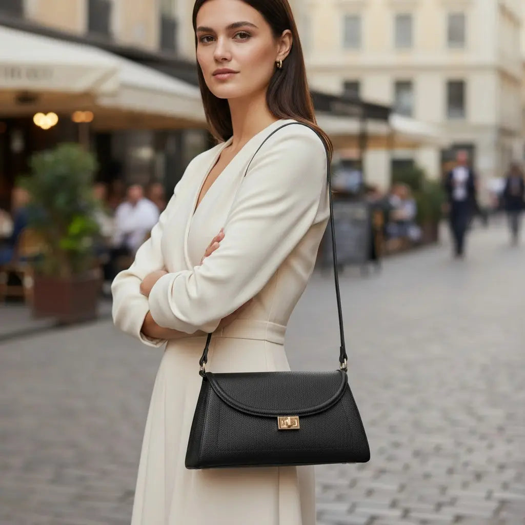 Sac en cuir noir porté en bandoulière en ville