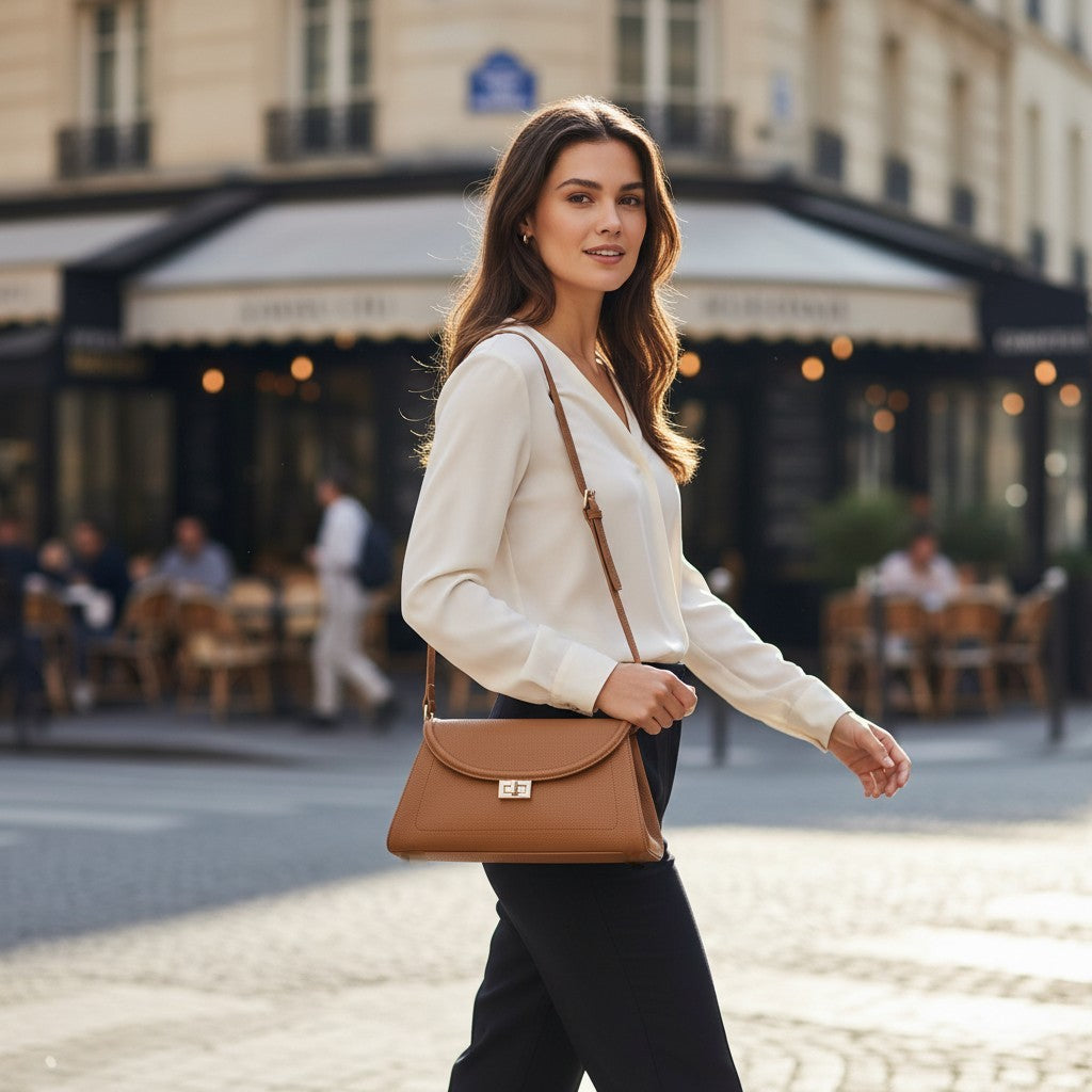Sac en cuir camel porté à l’épaule en ville