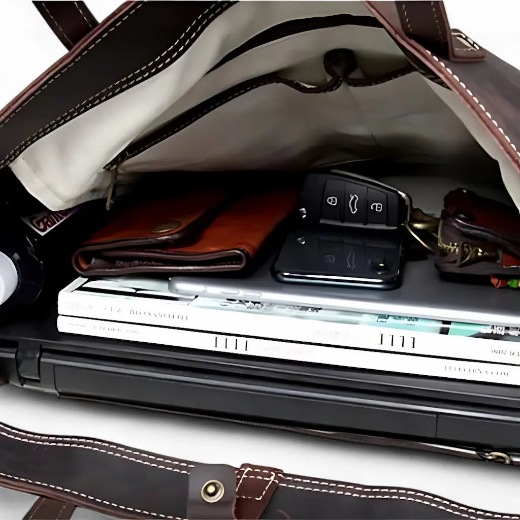 sac en cuir Crazy Horse unisexe rempli d’accessoires et ordinateurs