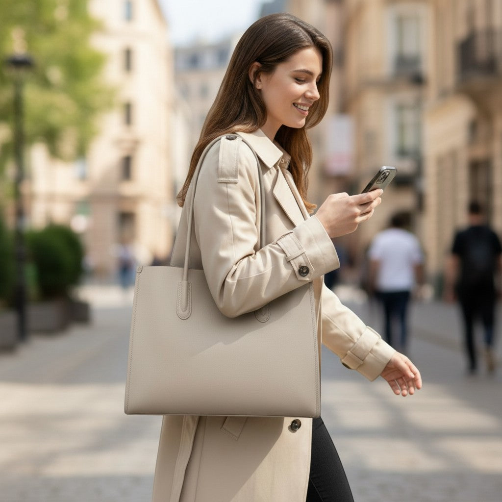 Femme portant un sac en cuir beige à l’épaule dans un cadre extérieur arboré