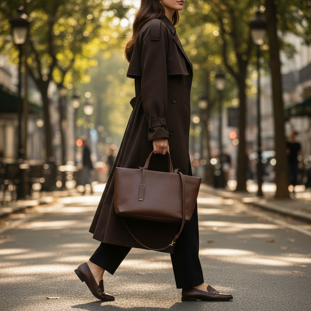 Femme portant un sac en cuir marron foncé à l’épaule dans une rue ensoleillée