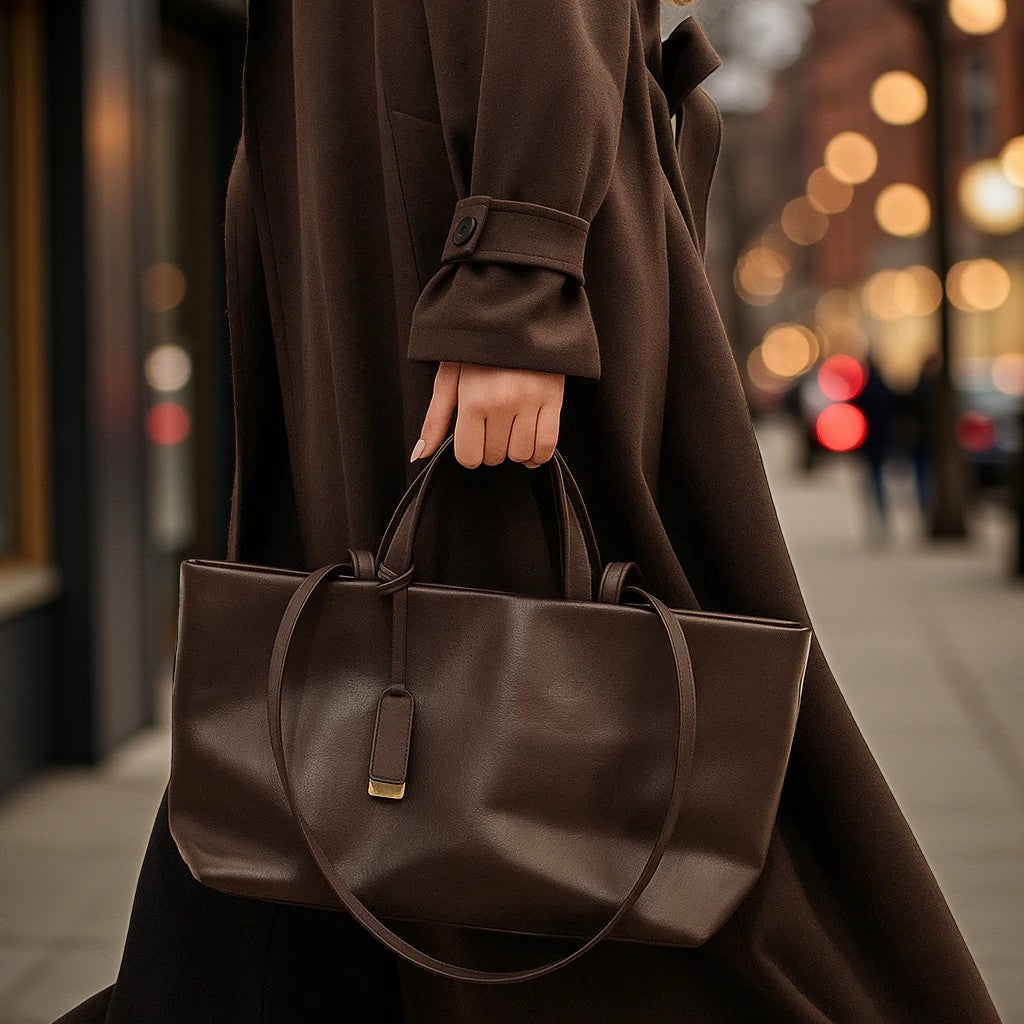 Femme portant un sac en cuir marron foncé assorti à un manteau long marron