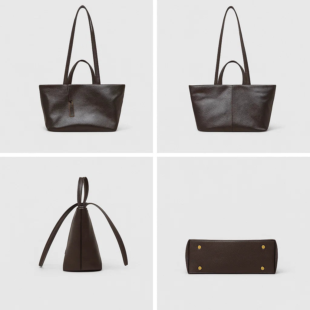 Vues multiples du sac en cuir marron foncé pour femme, design structuré et rectangulaire