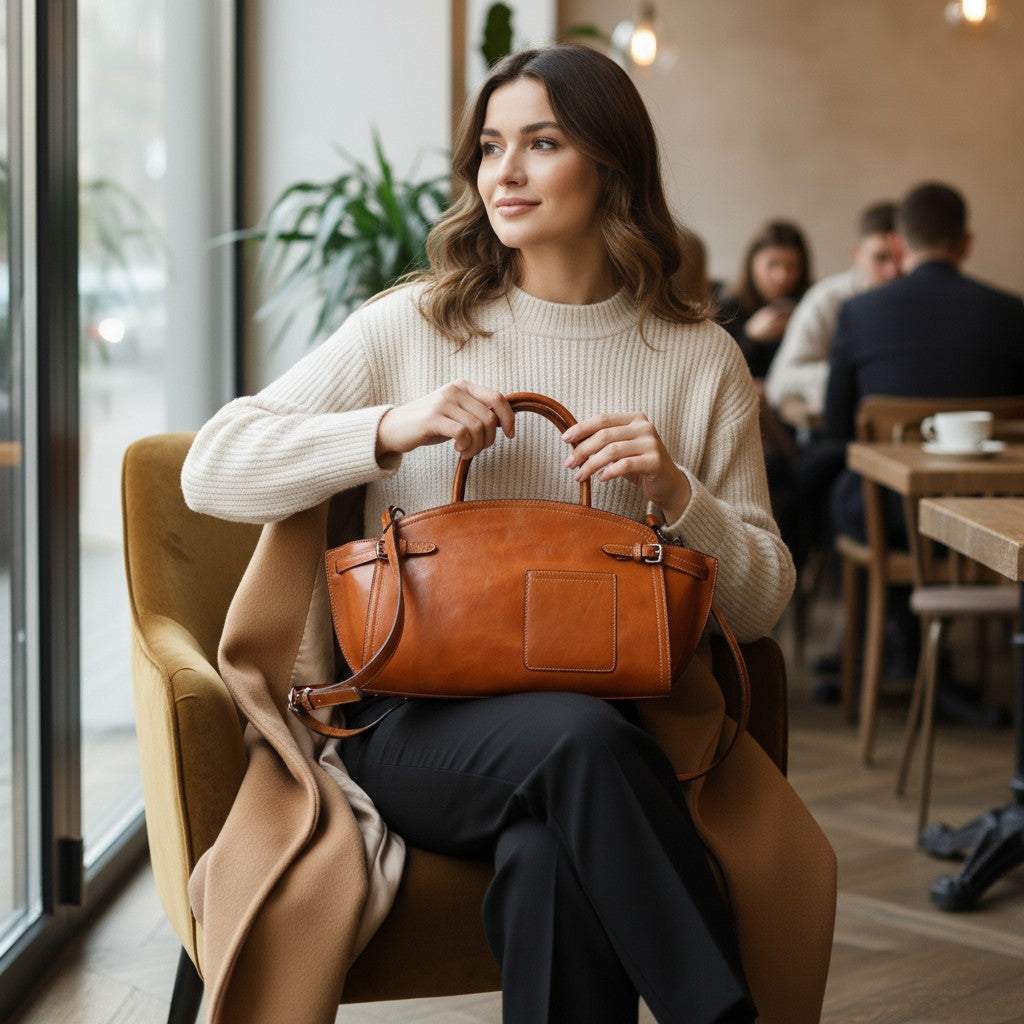 Femme assise au café portant un sac en cuir marron