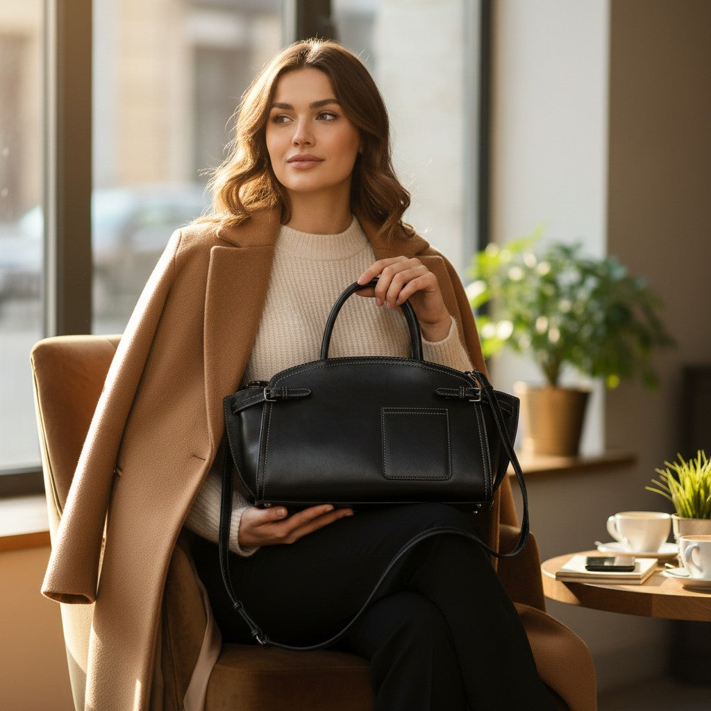 Femme assise au café avec un sac en cuir noir posé sur ses jambes