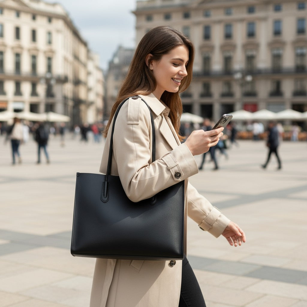 Femme portant un sac en cuir noir sur l’épaule dans une rue urbaine, style professionnel