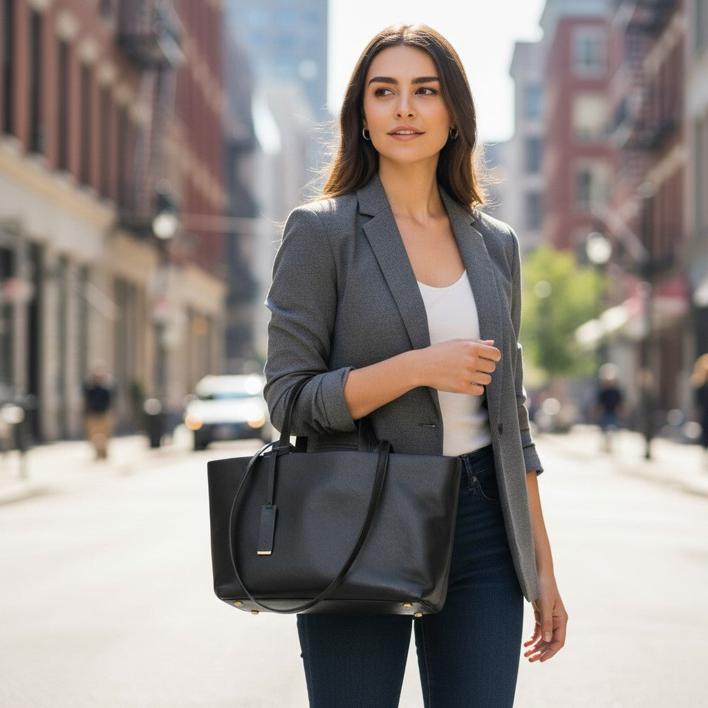 Sac en cuir noir porté à la main avec une tenue grise, allure professionnelle