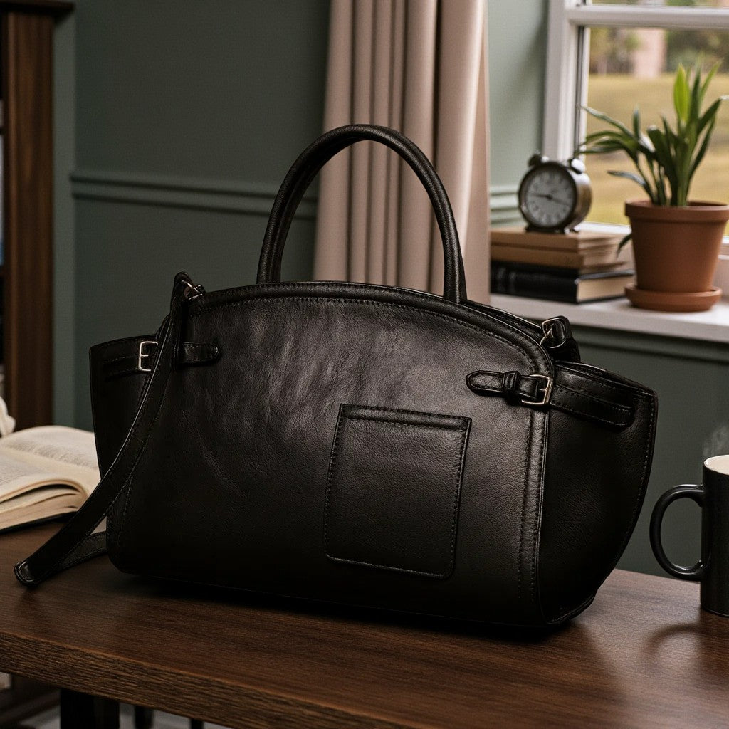 Sac en cuir noir posé sur une table, vue avant