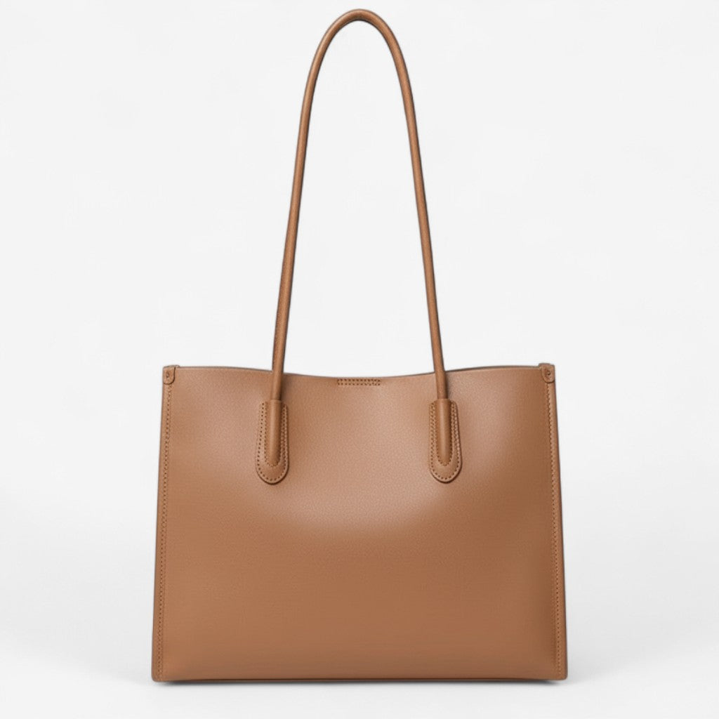 Sac en cuir véritable pour femme, coloris camel, forme rectangulaire avec longues poignées fines, style épuré et professionnel
