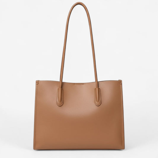 Sac en cuir véritable pour femme, coloris camel, forme rectangulaire avec longues poignées fines, style épuré et professionnel