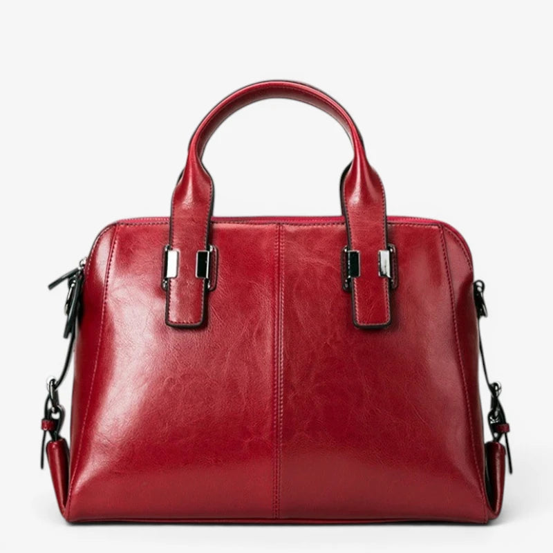 Sac en cuir rouge pour femme vu de face avec double poignée et bandoulière amovible