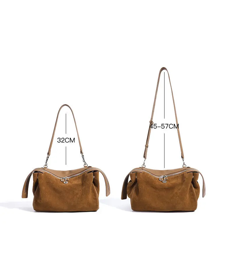 Sac en cuir de vachette suédé avec bandoulière courte et longue réglable