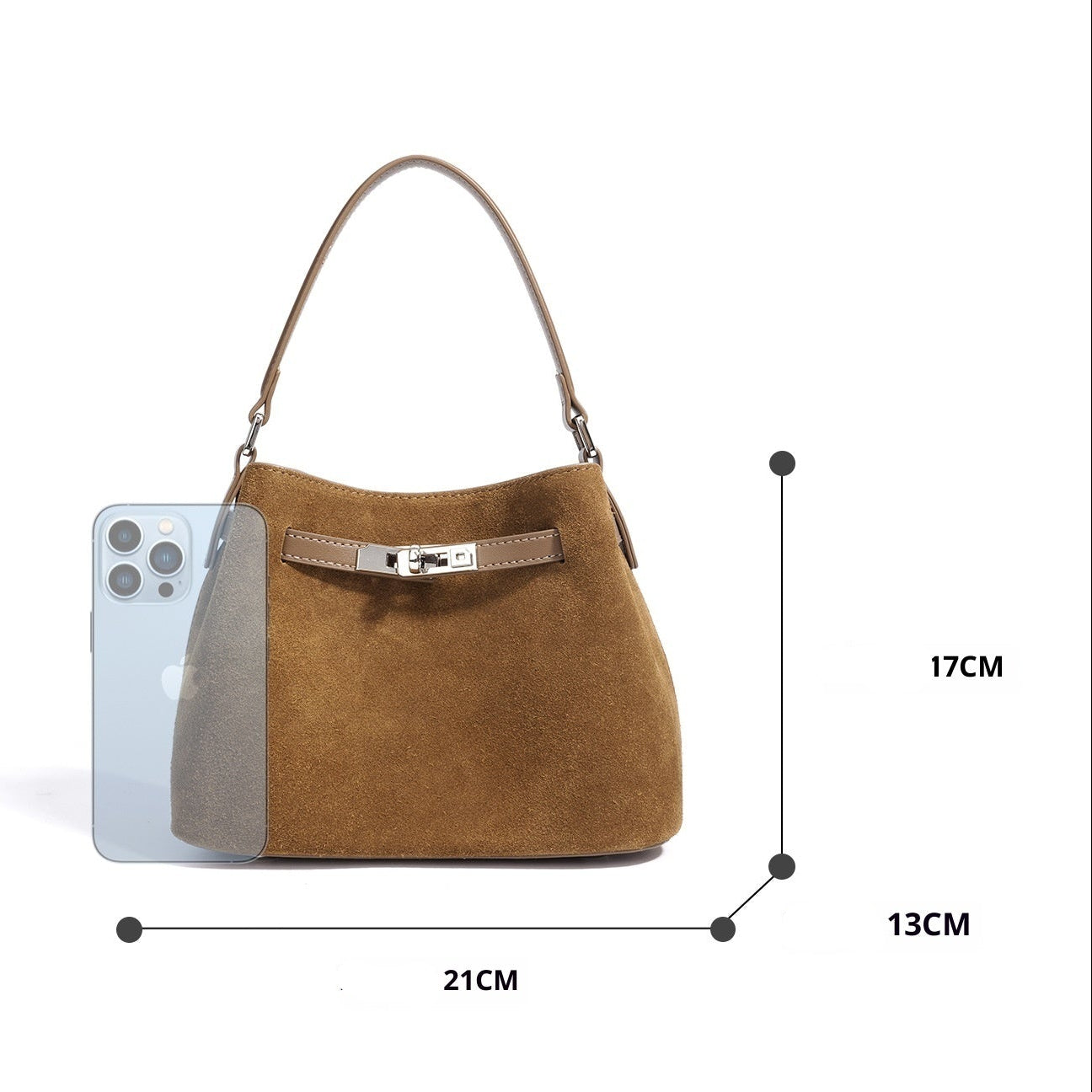 Dimensions du sac en cuir suédé camel 21 × 17 × 13 cm