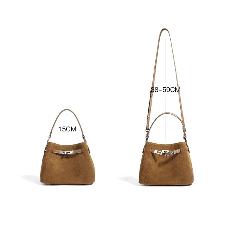 Sac en cuir suédé camel pour femme, porté épaule et porté main