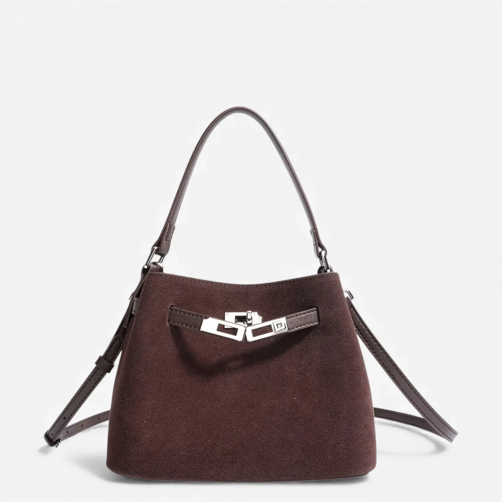 sac en cuir suédé véritable marron foncé pour femme, vue avant