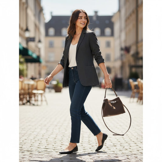 Sac en cuir suédé marron foncé porté main par une femme en ville