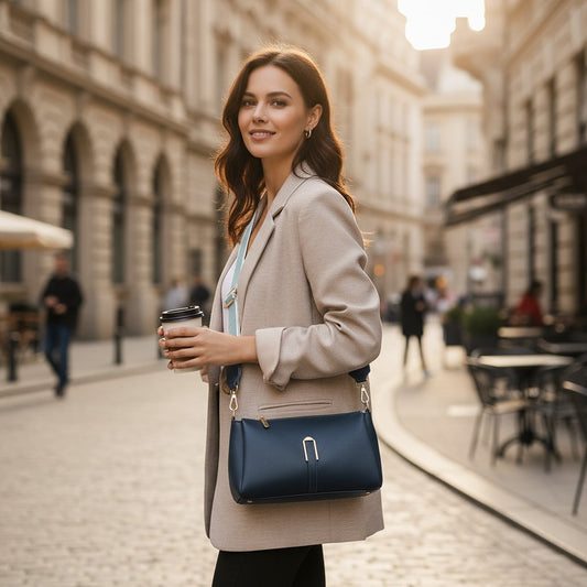 Femme portant un sac en cuir de vachette bleu en bandoulière dans la rue