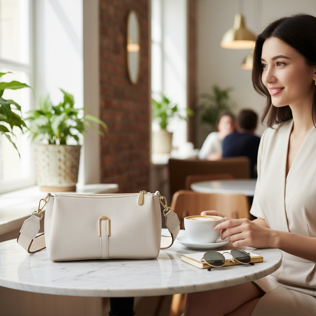 Femme assise à une table avec un sac en cuir de vachette noir posé au café