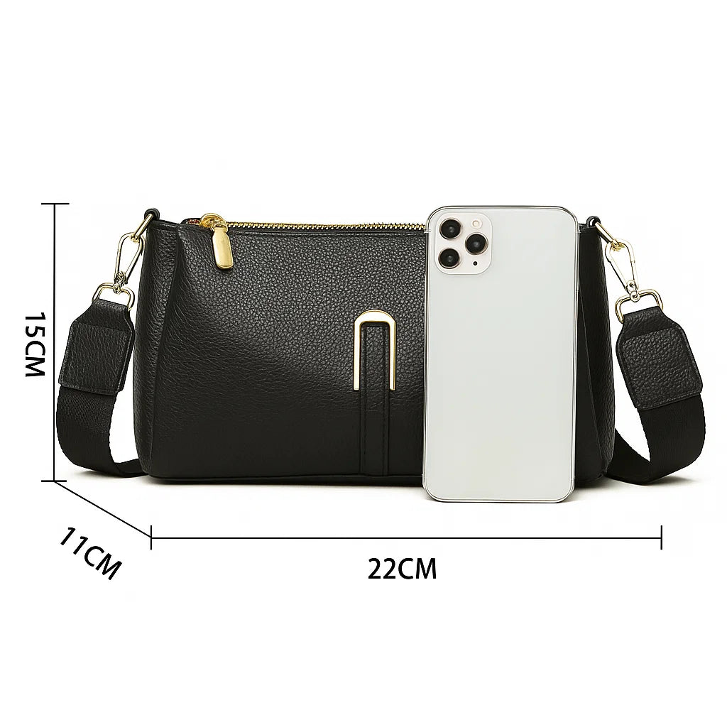 Schéma du sac en cuir de vachette noir avec dimensions et mode de port