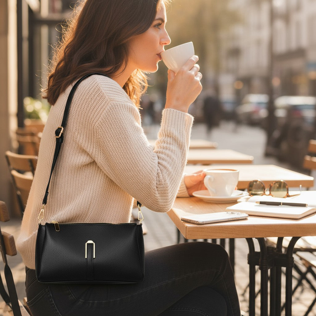 Femme portant un sac en cuir de vachette noir en bandoulière au café