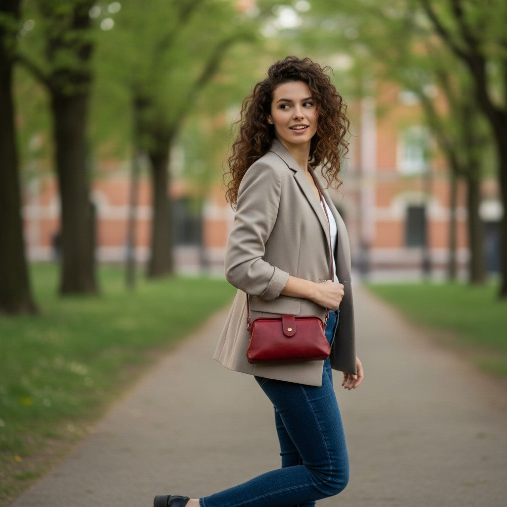 Femme portant un sac en cuir véritable bordeaux en extérieur

