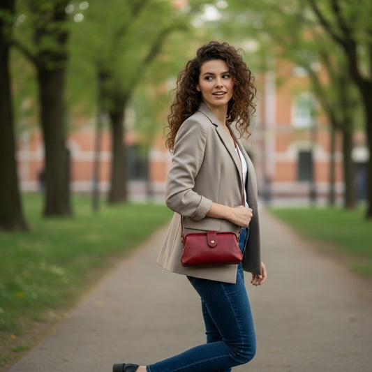 Femme portant un sac en cuir véritable bordeaux en extérieur
