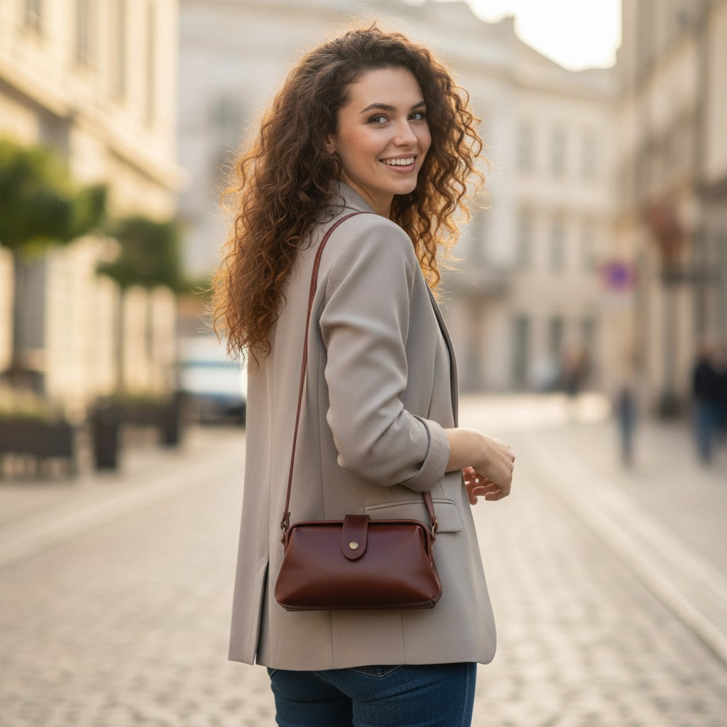 Femme portant un sac en cuir véritable brun à l’épaule en extérieur
