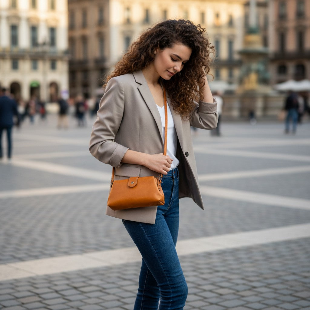 Femme portant un sac en cuir véritable camel en marchant en ville
