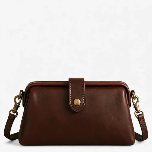 Sac en cuir véritable marron foncé vu de face
