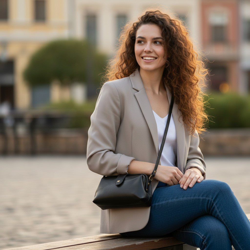 Femme assise portant un sac en cuir véritable noir
