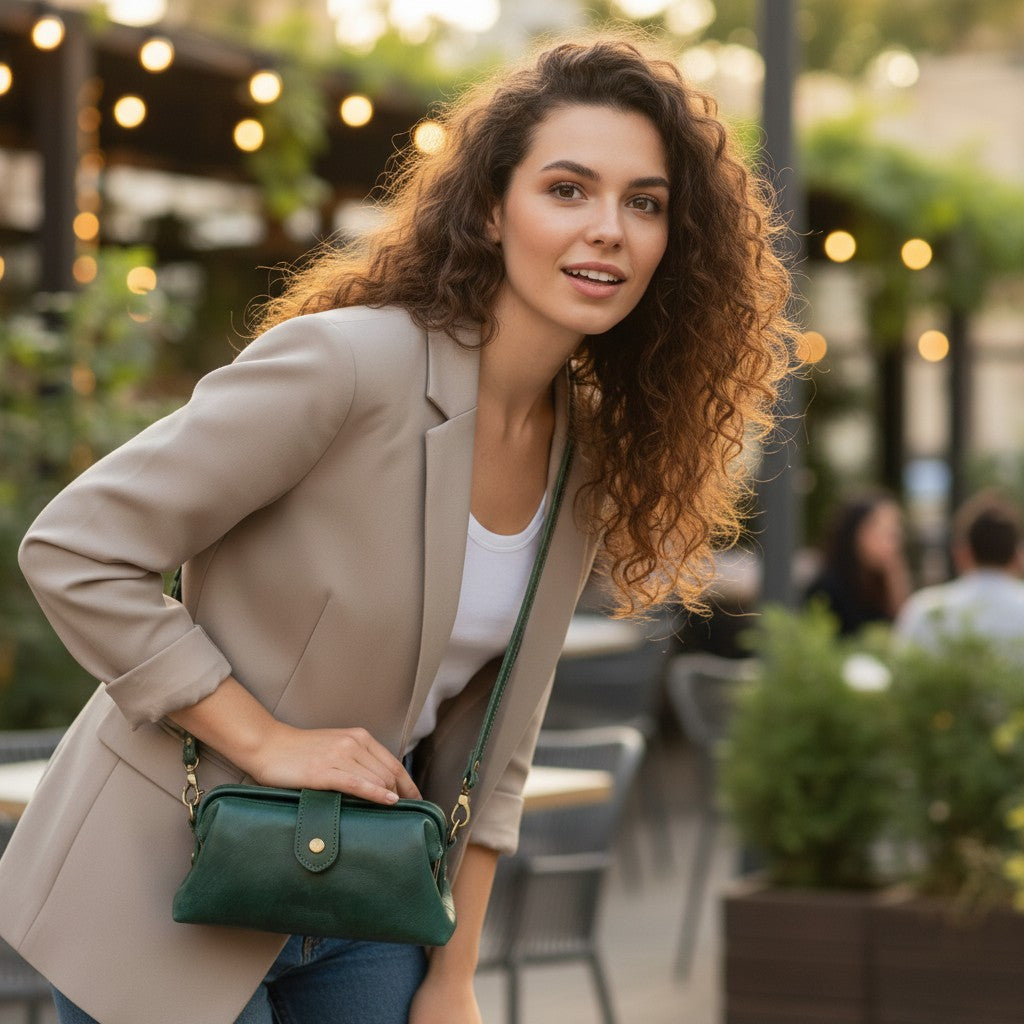 Femme portant un sac en cuir véritable vert à l’épaule en terrasse
