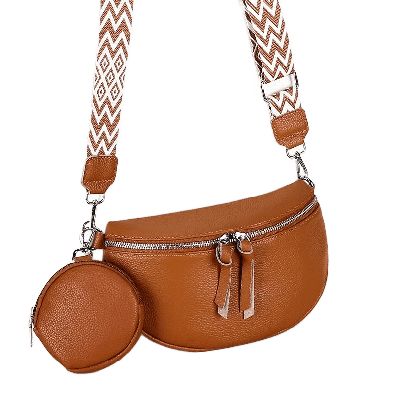Sac de poitrine en cuir souple camel avec pochette ronde et bandoulière décorée