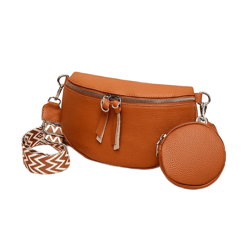Sac de poitrine femme en cuir souple camel avec bandoulière tressée et pochette ronde assortie