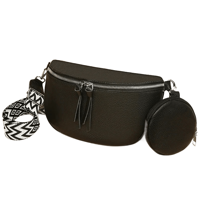 Sac de poitrine en cuir souple marron avec pochette ronde assortie et bandoulière fantaisie