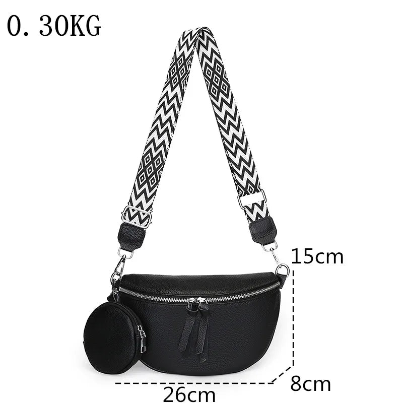 Sac de poitrine en cuir souple noir avec bandoulière et pochette ronde – dimensions 26×15×8 cm