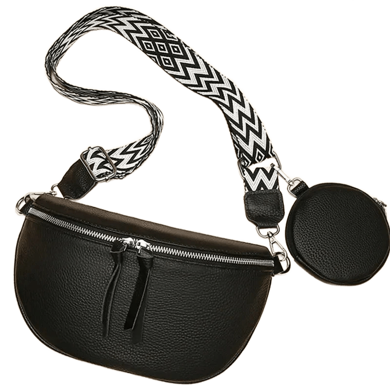 Sac de poitrine en cuir souple noir vu de côté avec bandoulière tressée et pochette ronde