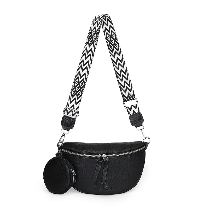 Sac de poitrine en cuir souple noir avec pochette ronde et bandoulière tressée