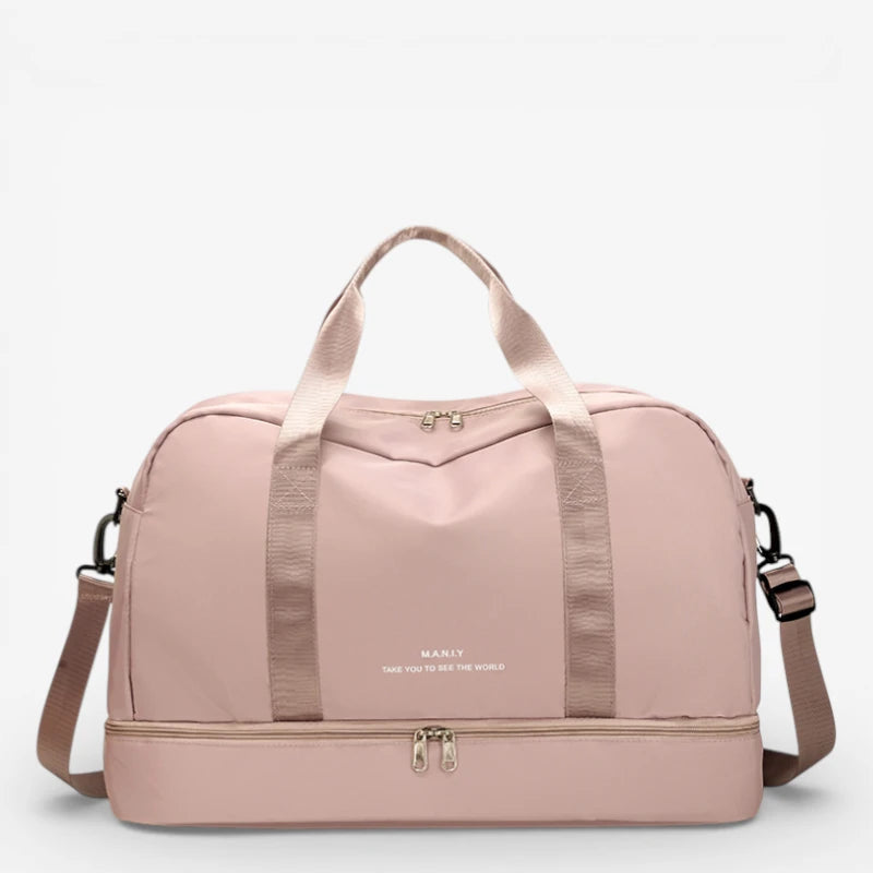 Sac de voyage femme beige rosé grand format avec double anses et fermeture zippée
