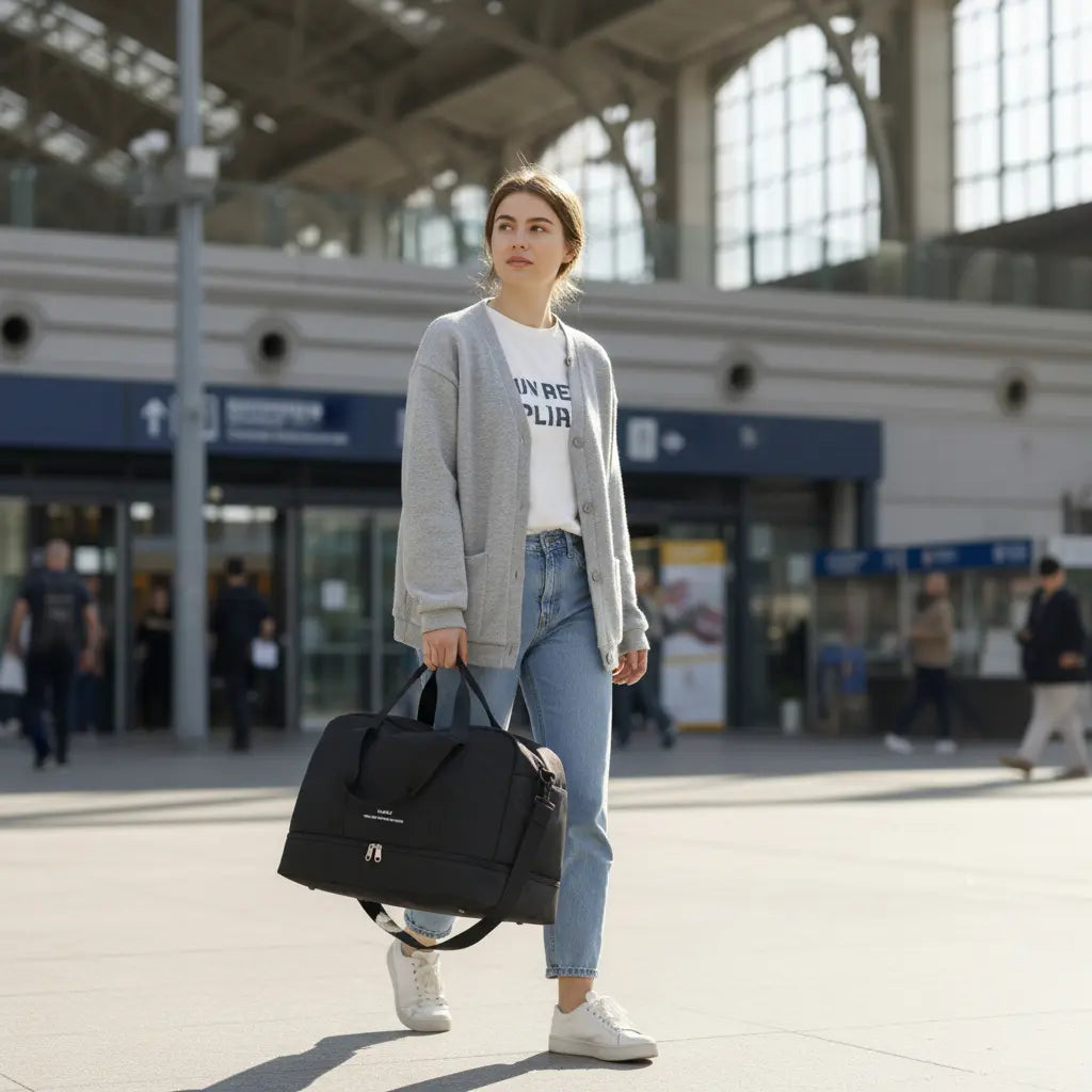 Sac de voyage femme noir porté à la main lors d’un déplacement urbain