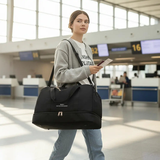 Sac de voyage femme noir porté à l'épaule dans une gare, format week-end cabine