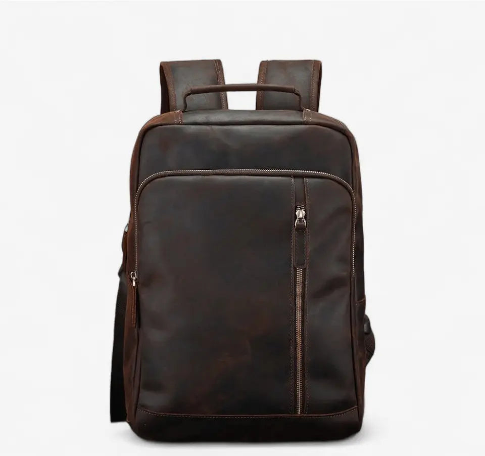 Sac à dos en cuir Crazy Horse marron foncé avec port USB vue de face