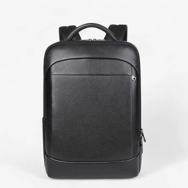 Vue avant du sac à dos en cuir noir avec poche frontale discrète