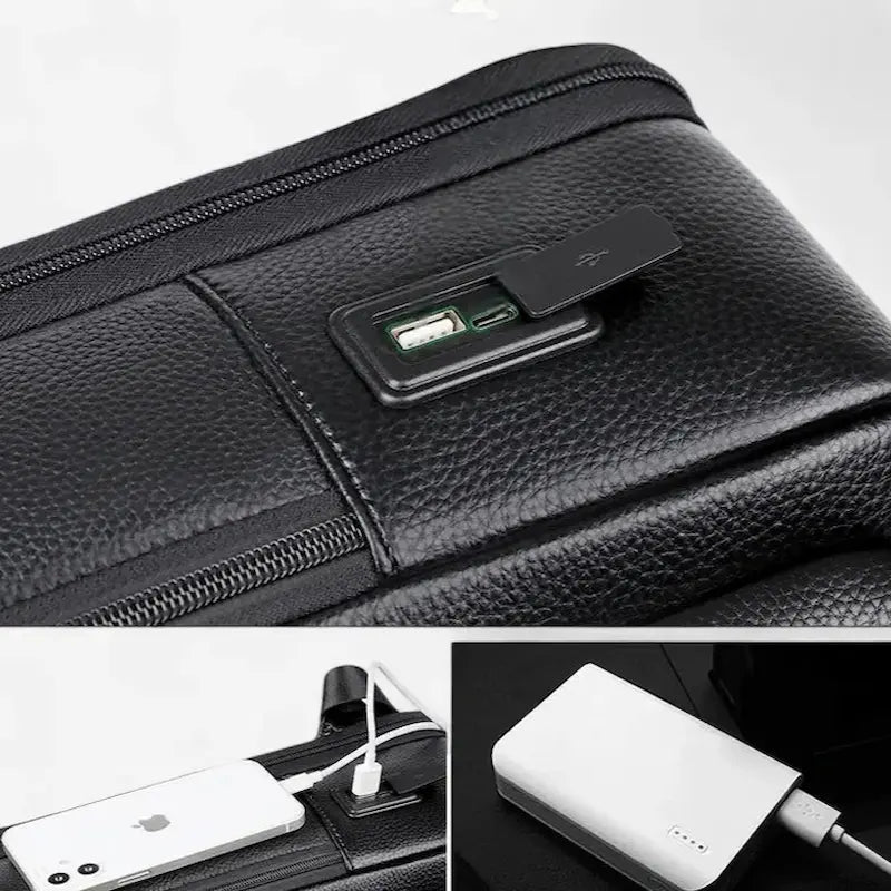 Port USB intégré du sac à dos en cuir noir pour recharge mobile