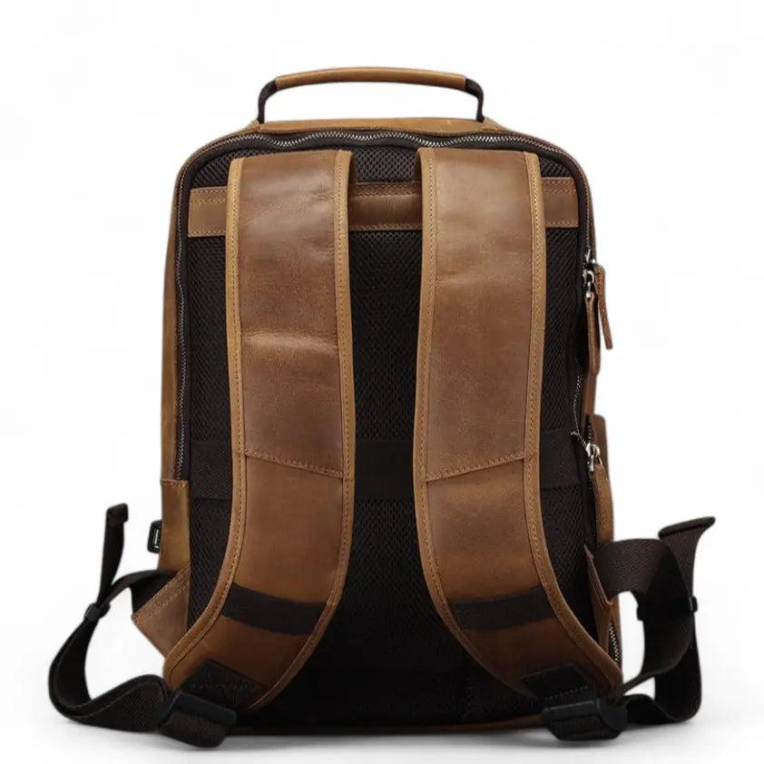 Sac à dos en cuir de vachette marron clair avec port USB vue de dos