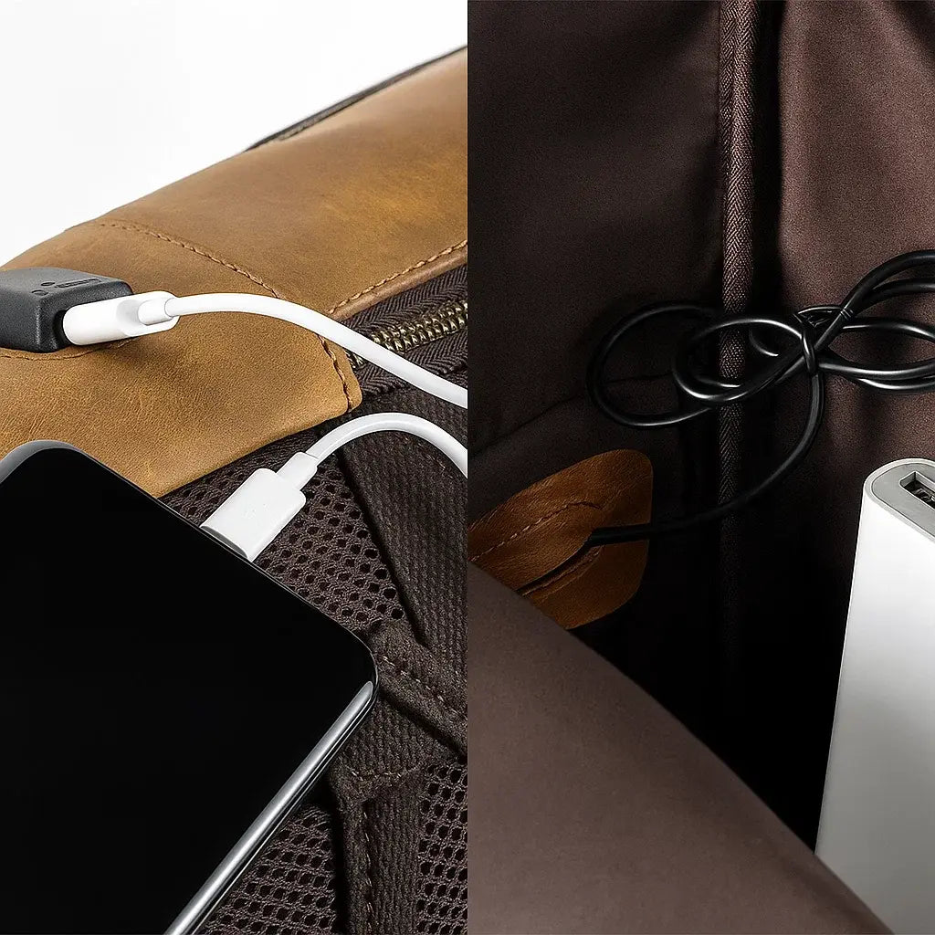 Détail du port USB intégré sur le sac à dos en cuir  de vachette marron clair