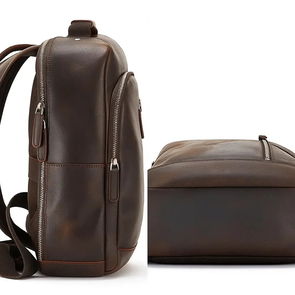Sac à dos en cuir de vachette marron foncé avec port USB vue de profil