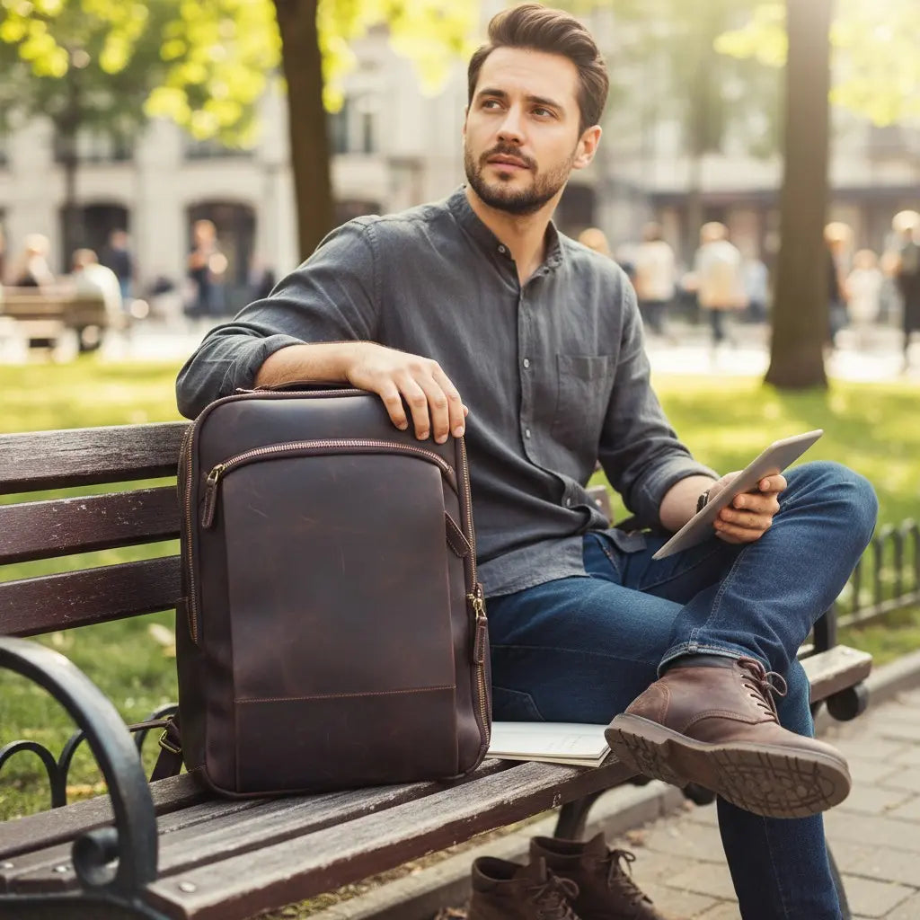 Homme assis sur un banc avec sac à dos en cuir véritable brun foncé 15,6 pouces posé à côté