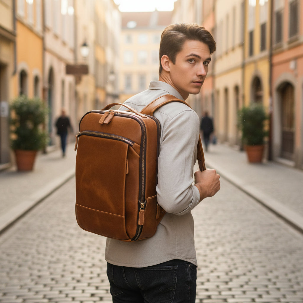Homme marchant en extérieur portant un sac à dos cuir véritable brun clair 15,6 pouces