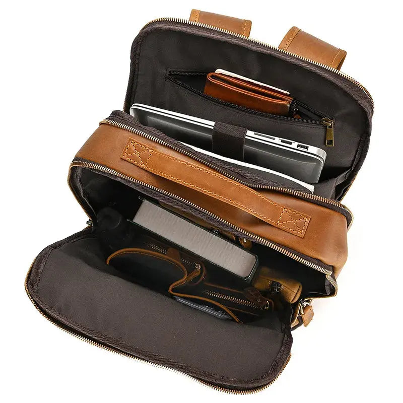 Sac à dos cuir véritable contenant ordinateur portable, tablette et accessoires