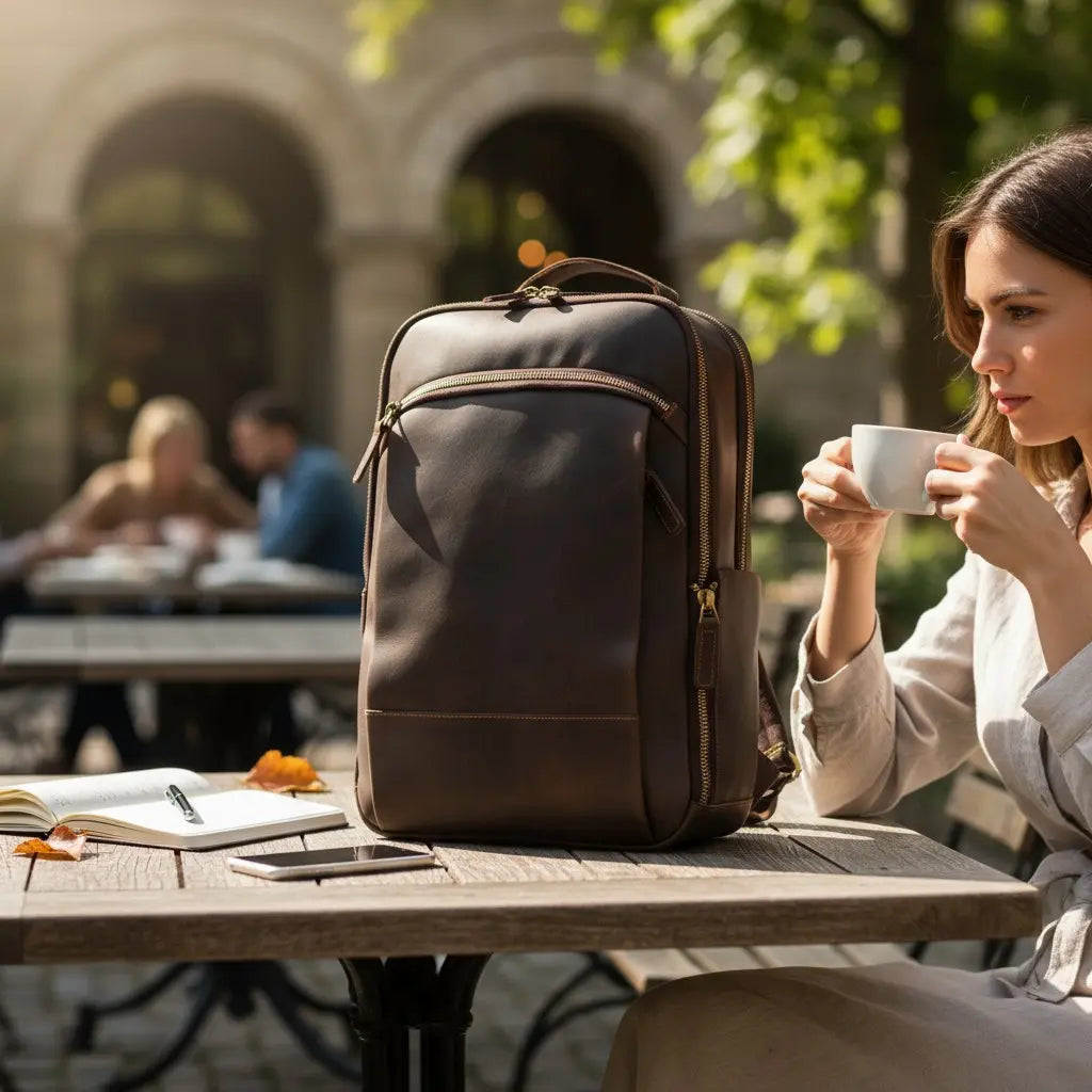Sac à dos cuir véritable brun foncé posé sur une table de café en extérieur